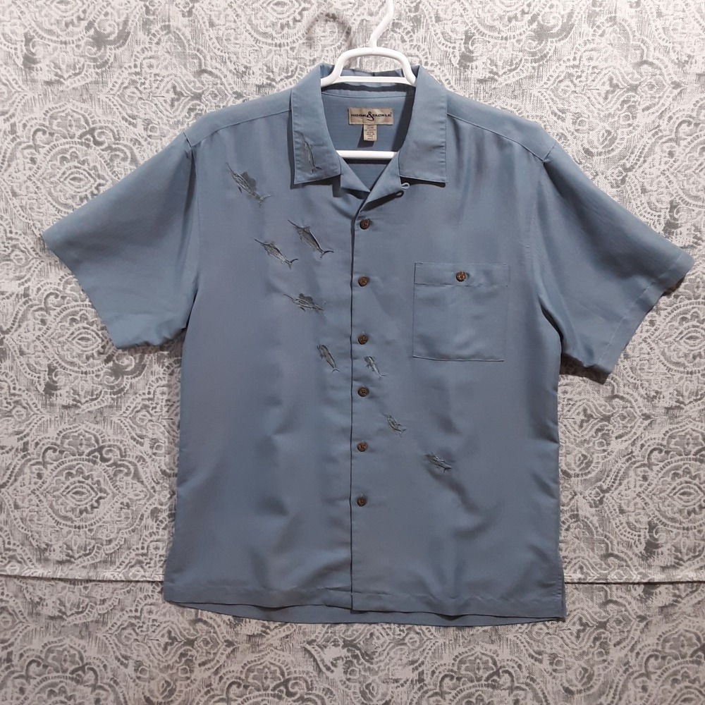 Hook and Tackle Swordfish Embroidered Button Down Shirt Short Sleeve Blue Large